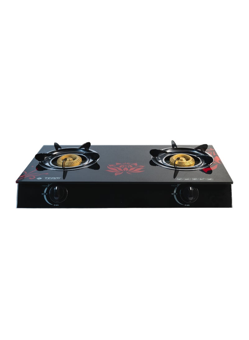 TEAM 2 Burner Glass Top Gas Stove with Automatic Ignition | High Efficiency Blue Flame | Low Gas Consumption | Detachable Trivet | Heat‑Resistant Toughened Glass | LPG Gas Cooktop for Home Kitchen - Image 1